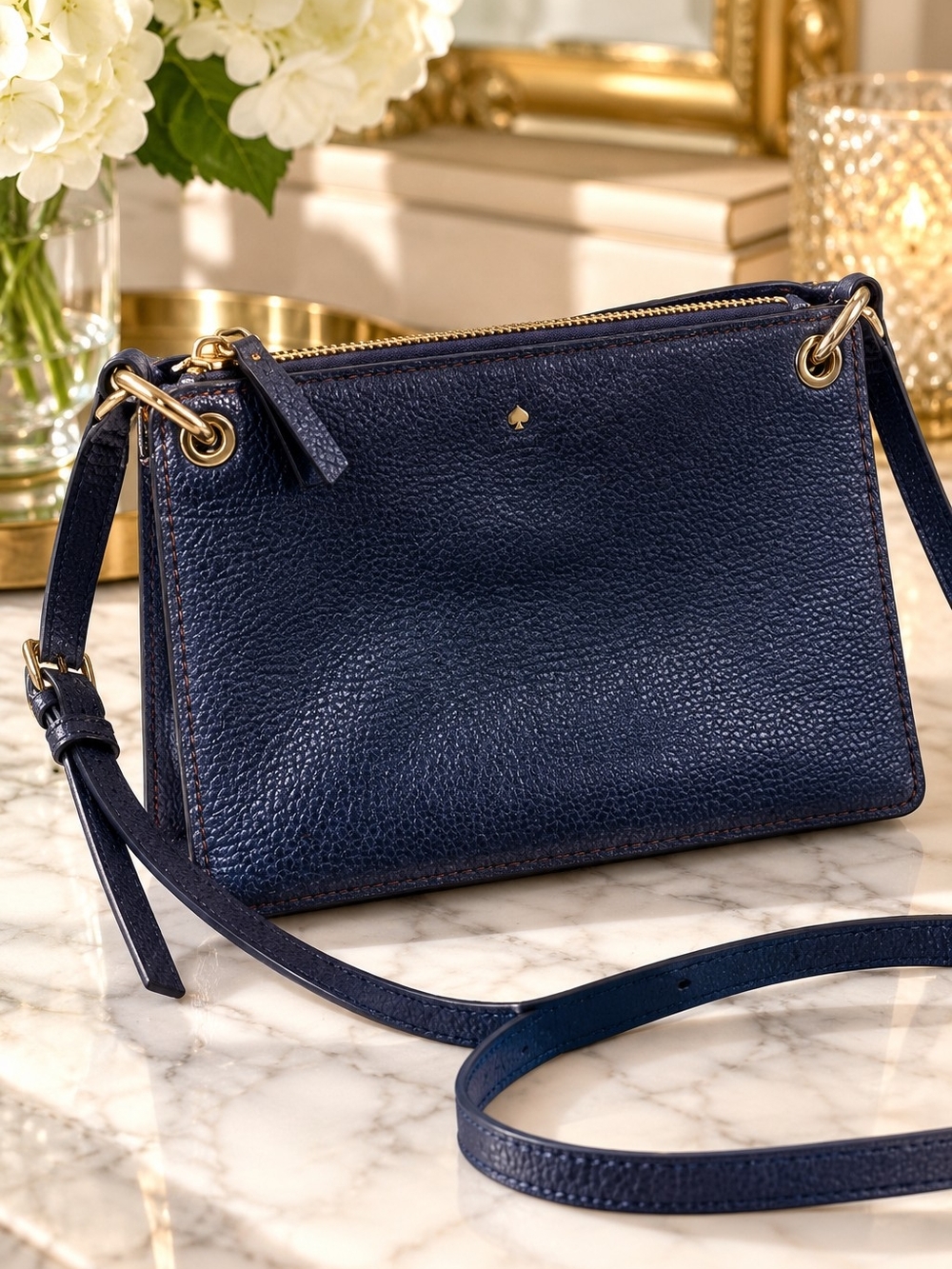 Kate Spade Navy Pebbled Leather Double Zip Crossbody Bag Gold Hardware